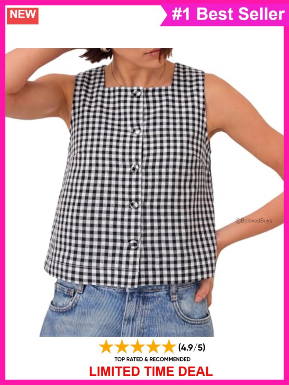 Plaid Square Neck Tank Top Summer Sleeveless Crop Vest Button Y2K
